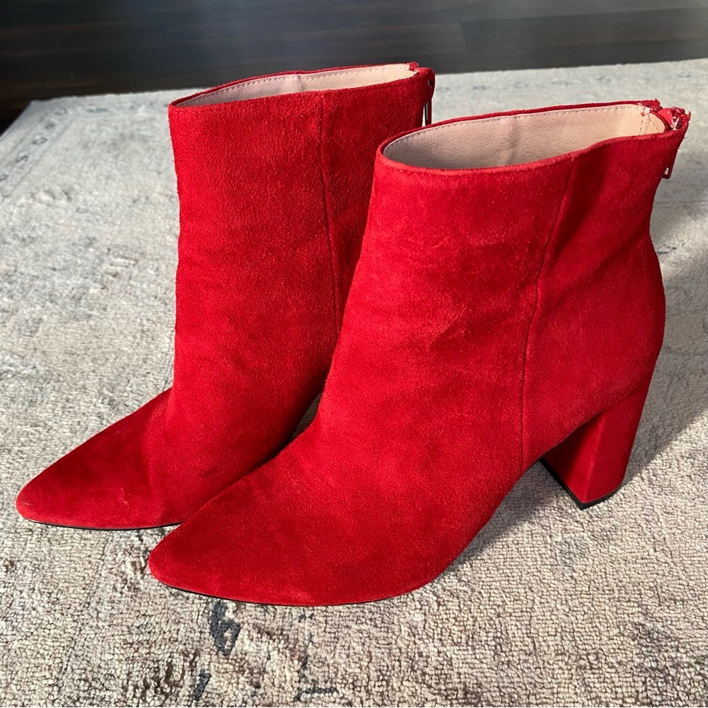 Red Suede Leather Block Heel Pointed Toe Boots Ch… - image 1